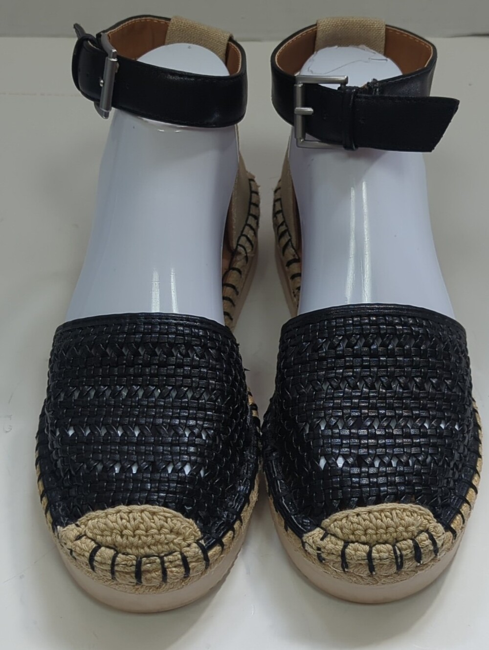 Womens Sz 7 Espadrille Sandals Black/Beige Woven Ankle Strap Buckle Flat